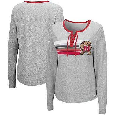 Women's Colosseum Heathered Gray Maryland Terrapins Sundial Tri-Blend Long Sleeve Lace-Up T-Shirt