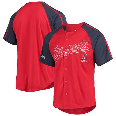 Men's Stitches Red Los Angeles Angels Button-Down Raglan Replica Jersey