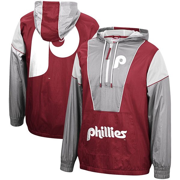 Men's Mitchell & Ness Cardinal Philadelphia Phillies Highlight Reel  Windbreaker Half-Zip Hoodie Jacket