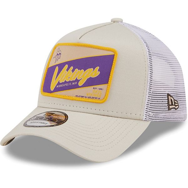 Men's New Era Khaki/White Minnesota Vikings Happy Camper A-Frame Trucker  9FORTY Snapback Hat