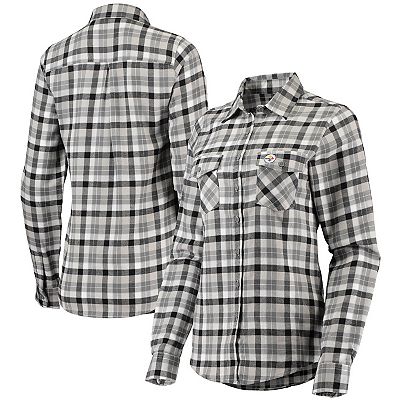 Women s Antigua Black Gray Pittsburgh Steelers Ease Flannel Button Up Long Sleeve Shirt