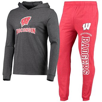 Men's Concepts Sport Heathered Red/Heathered Charcoal Wisconsin Badgers Meter Long Sleeve Hoodie T-Shirt & Jogger Pants Set