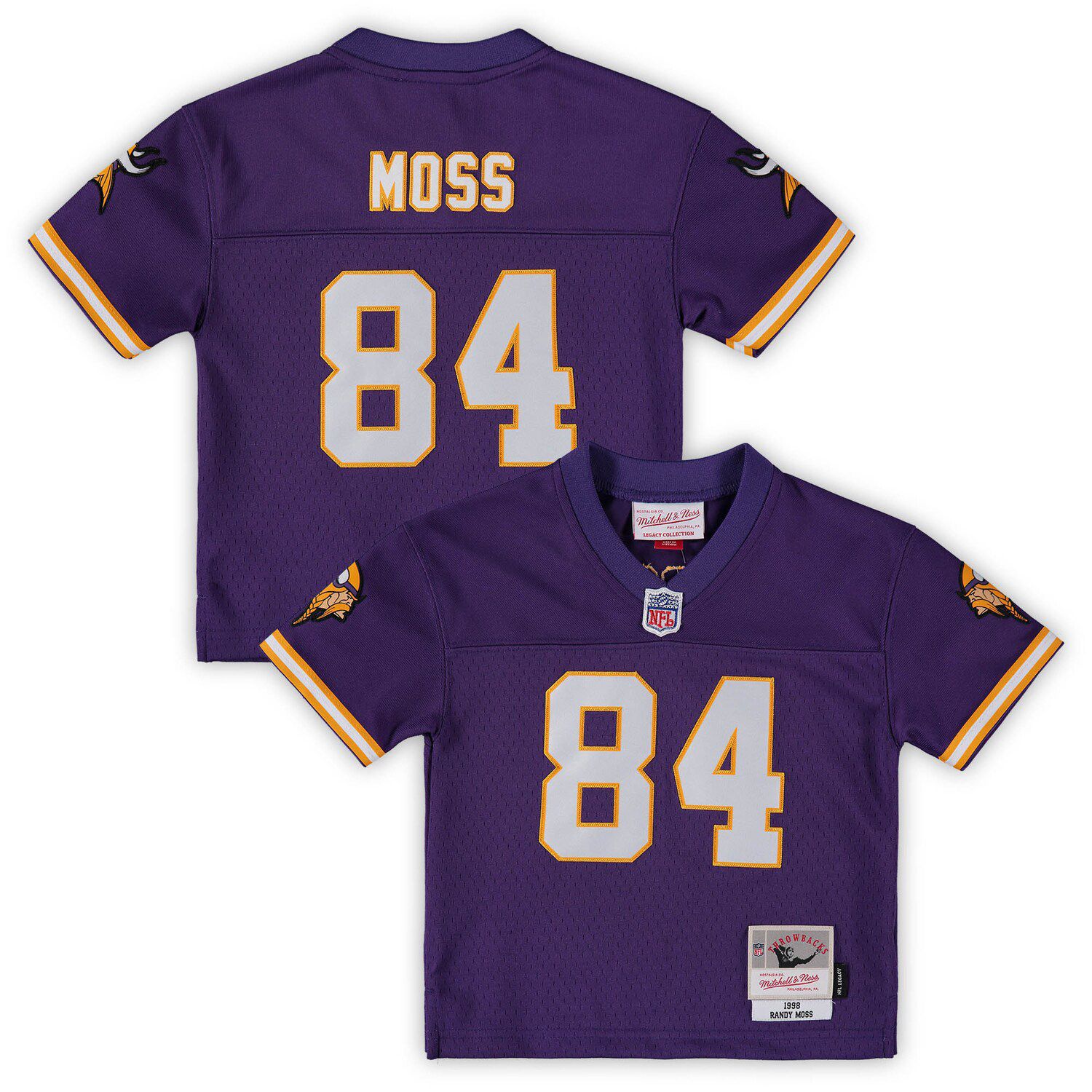 Men's Mitchell & Ness Randy Moss Purple/Gold Minnesota Vikings 1998 Split Legacy Replica Jersey