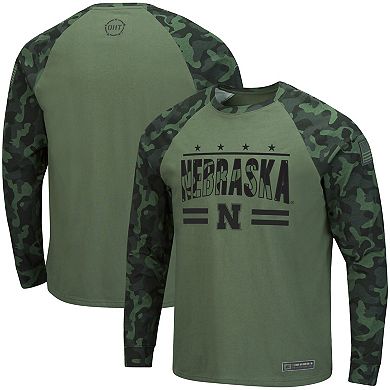 Men's Colosseum Olive/Camo Nebraska Huskers OHT Military Appreciation Raglan Long Sleeve T-Shirt