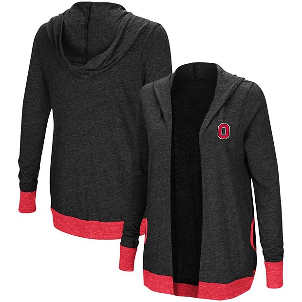 Women s Colosseum Heather Charcoal Ohio State Buckeyes Steeplechase Open Hooded Lightweight Cardigan