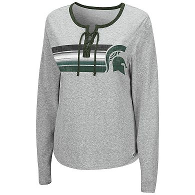 Women's Colosseum Heathered Gray Michigan State Spartans Sundial Tri-Blend Long Sleeve Lace-Up T-Shirt