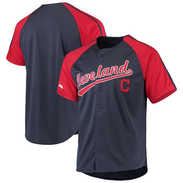 Men's Stitches Navy Cleveland Indians Button-Down Raglan Replica Jersey