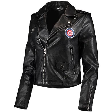 Women's The Wild Collective Black Chicago Cubs Faux Leather Moto Full-Zip Jacket