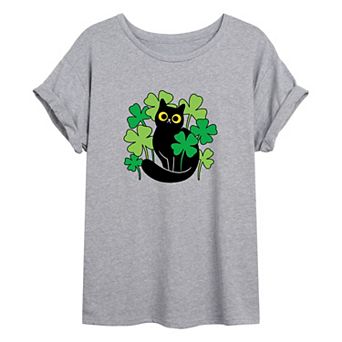 Juniors' Cat In Clover Patch Oversized Tee