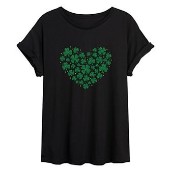 Juniors' Shamrock Print Heart Oversized Tee