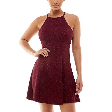 Juniors' Speechless Back Cutout Halter Lace Skater Dress