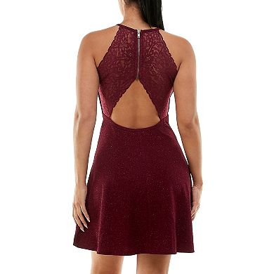 Juniors' Speechless Back Cutout Halter Lace Skater Dress