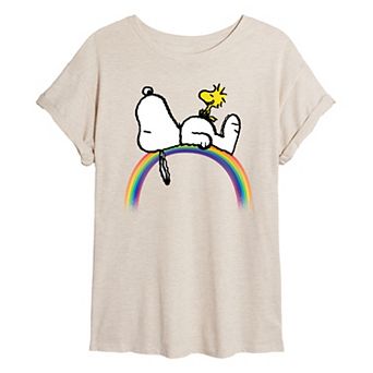 Juniors' Peanuts Snoopy & Woodstock Rainbow Oversized Tee