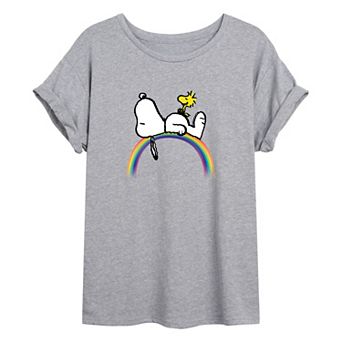 Juniors' Peanuts Snoopy & Woodstock Rainbow Oversized Tee