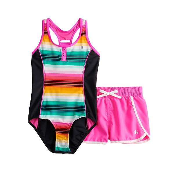 Girls 7-16 ZeroXposur Multicolor Stripe One Piece Swimsuit & Shorts ...