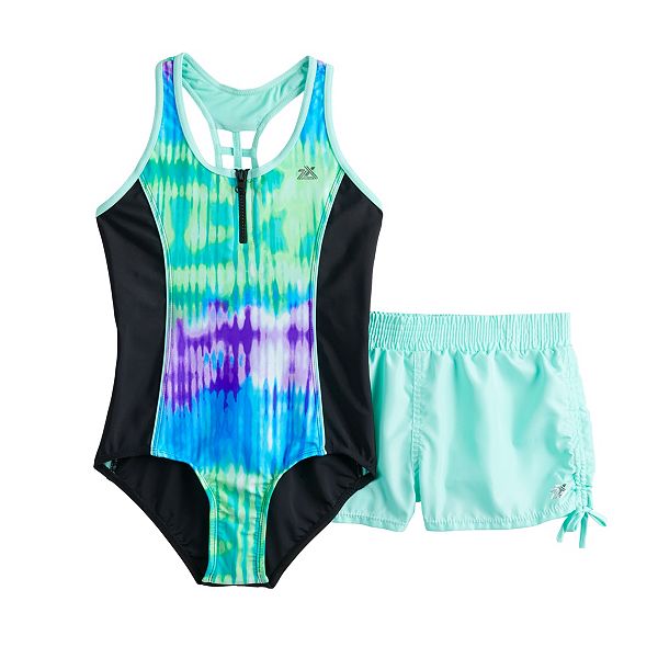 Girls 716 ZeroXposur Rainbow Falls Tie Dye OnePiece Swimsuit & Shorts
