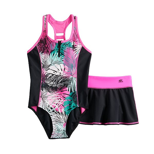 Girls 716 ZeroXposur Leaf Print One Piece Swimsuit & Skirt Cover Up Set