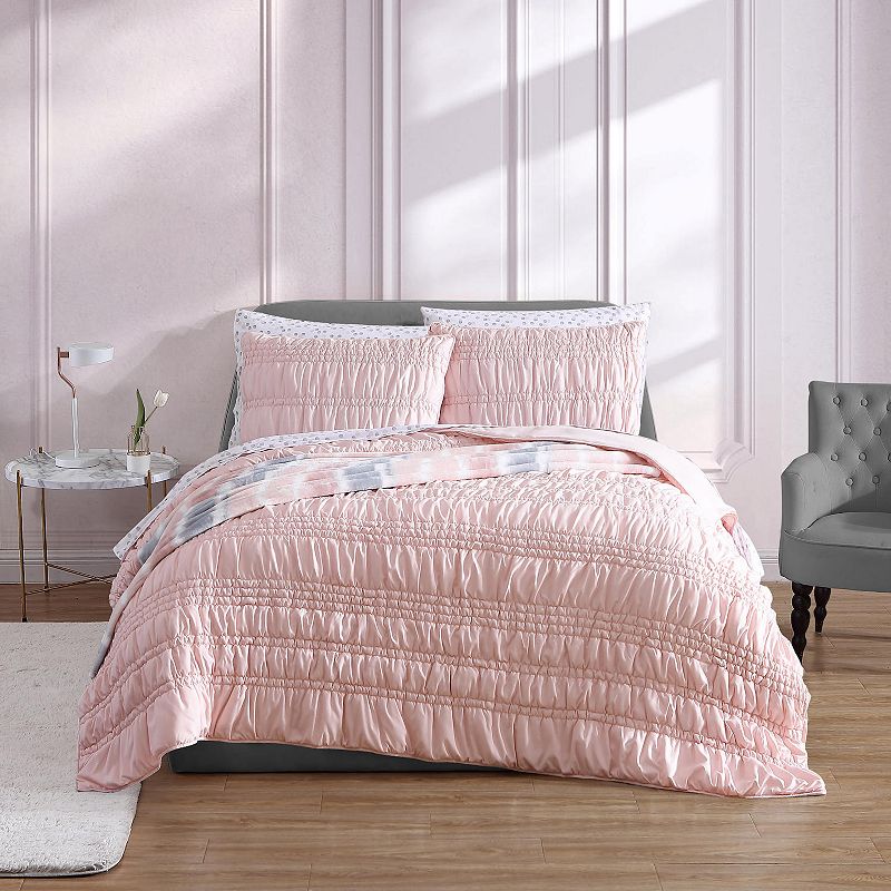 Betsey Johnson Boudoir Solid White Quilt Set with Shams, Pink, Full/Queen