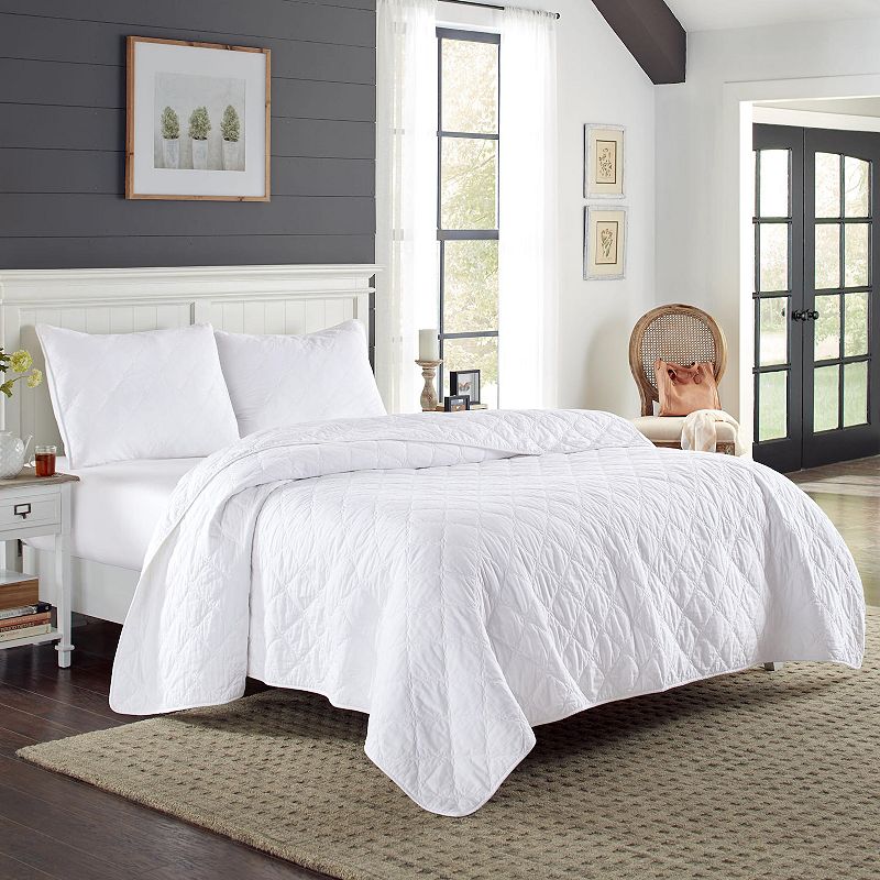 Laura Ashley Cyndie Solid Quilt Set with Shams, White, Full/Queen