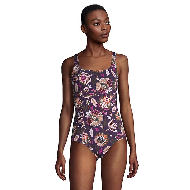 Women s Lands End Long Torso UPF 50 Print Ruched One Piece Swimsuit