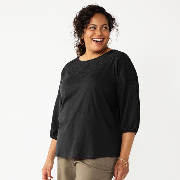 Plus Size Croft & Barrow® Three Quarter Sleeve Lace Yoke Top