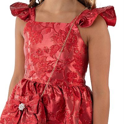 Girls 7-14 Rare Editions Metallic Brocade 2 pc Flutter Sleeve Shirred Dress  & Matching Purse Set