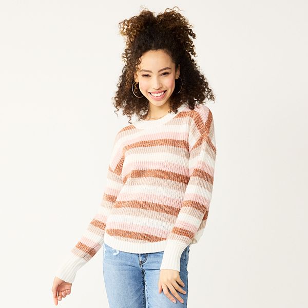 Juniors' SO® Cozy Textured Long Sleeve Sweater - Beige Stripe (X LARGE)