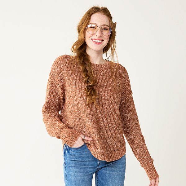 Juniors SO® Cozy Shirttail Hem Sweater - Brown Marl (X SMALL)