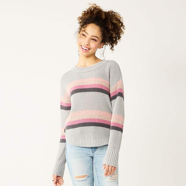 Juniors' SO® Cozy Textured Long Sleeve Sweater - Gray Pink Stripe (X LARGE)