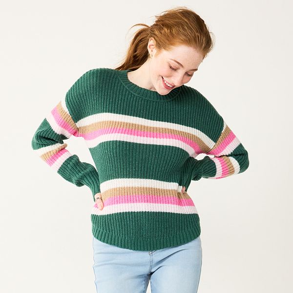 Juniors' SO® Cozy Shirttail Hem Sweater - Green Pink Stripe (X SMALL)