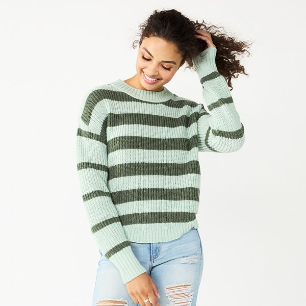 Juniors' SO® Cozy Textured Long Sleeve Sweater - Green Stripe (SMALL)