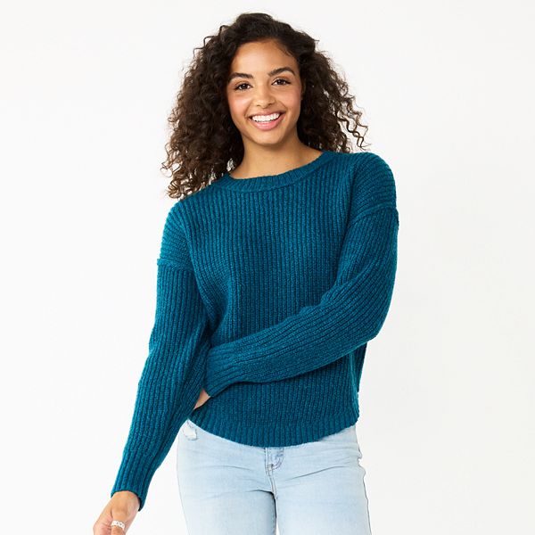 Juniors' SO® Cozy Textured Long Sleeve Sweater - Teal Marl (MEDIUM)