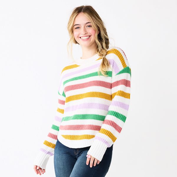Juniors SO® Cozy Shirttail Hem Sweater - White Multi Stripe (MEDIUM)