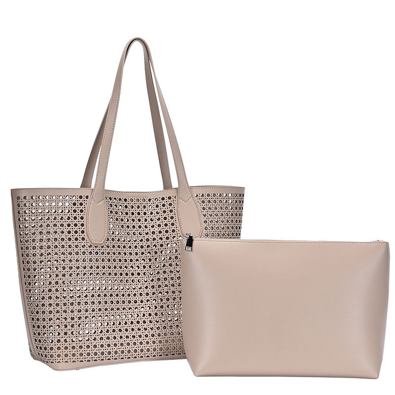 Miztique Vegan Leather Printed Tote Bag and Pouch Set, Brown