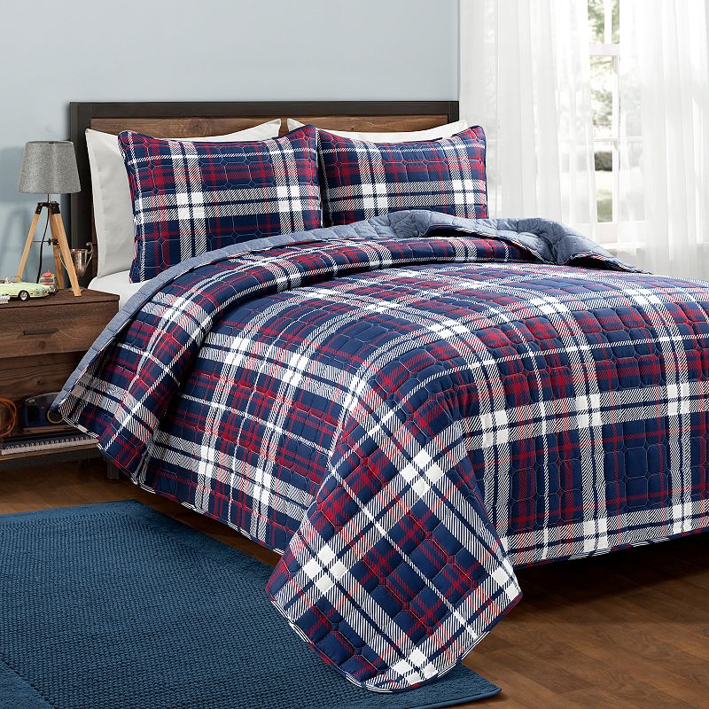 Lush Decor Grayson Farmhouse Plaid Reversible Quilt Set with Shams, Blue, F