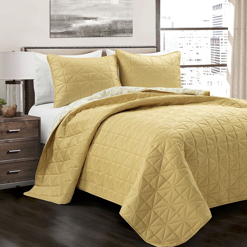 Lush Decor Mid Century Modern Geo Reversible Quilt Set with Shams, Yellow, 