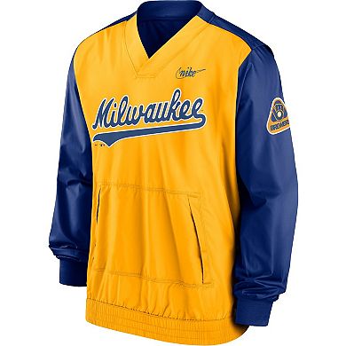 Men's Nike Royal/Gold Milwaukee Brewers Cooperstown Collection V-Neck Pullover Windbreaker