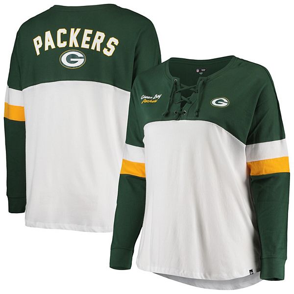 Women's New Era White/Green Green Bay Packers Plus Size Athletic Varsity  Lace-Up V-Neck Long Sleeve T-Shirt