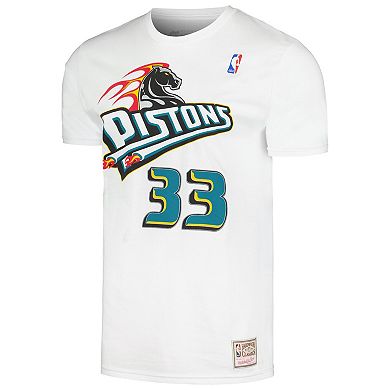 Men's Mitchell & Ness Grant Hill White Detroit Pistons Hardwood Classics Stitch Name & Number T-Shirt