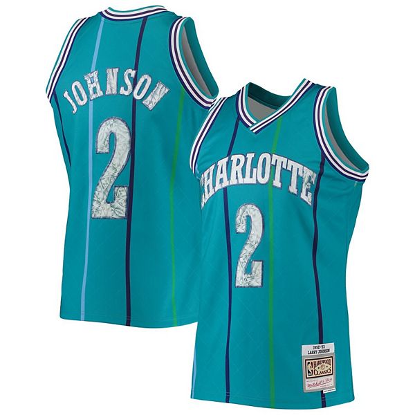 Men's Mitchell & Ness Larry Johnson Teal Charlotte Hornets 1992-93 Hardwood  Classics 75th Anniversary Diamond Swingman Jersey