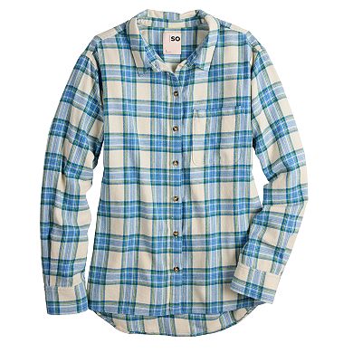 Juniors' SO® Button Front Flannel Top