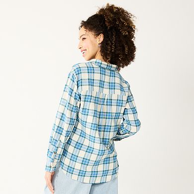 Juniors' SO® Button Front Flannel Top