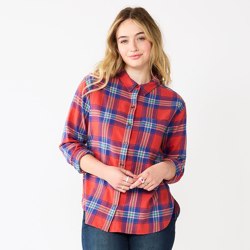 Juniors SO Button Front Flannel Top, Girls, Size: Small, Drk Orange