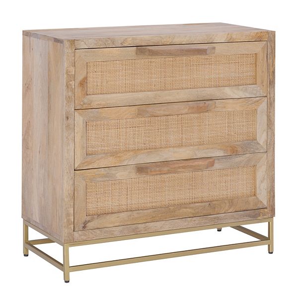 Janie 3-Drawer Rattan Cabinet, Natural and Gold