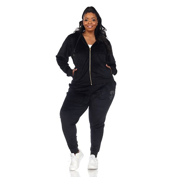 Plus Size White Mark Rhinestone 2Piece Velour Tracksuit Set