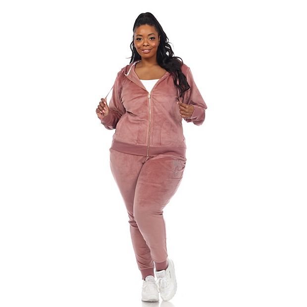 Plus Size White Mark Rhinestone 2 Piece Velour Tracksuit Set