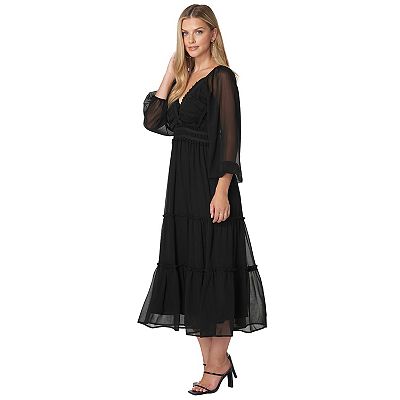 black chiffon midi dress High Neck Black Chiffon Midi Dress with Gold Ecose and Stone Details –  RAISA VANESSA INT main image 1