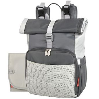 Fisher Price Multi-Pocket Grey Roll Top Diaper Bag Backpack with Portable Changing Pad with Pockets