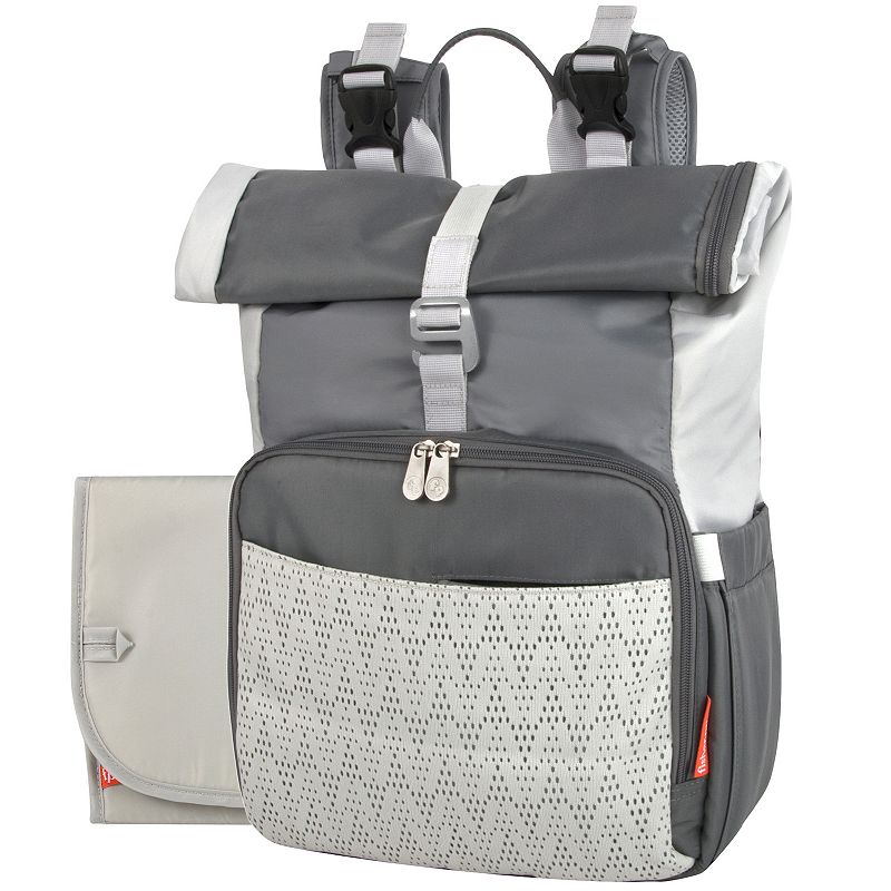 Fisher Price Multi-Pocket Grey Roll Top Diaper Bag Backpack with Portable C