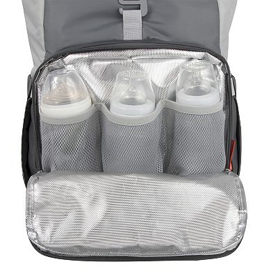 Fisher Price Multi-Pocket Grey Roll Top Diaper Bag Backpack with Portable Changing Pad with Pockets